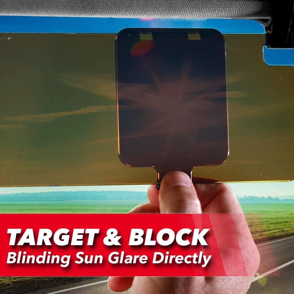 Demonstration of SunSpot blocker being clipped to a BattleVisor to block sunlight. Text says target and block blinding sun glare directly