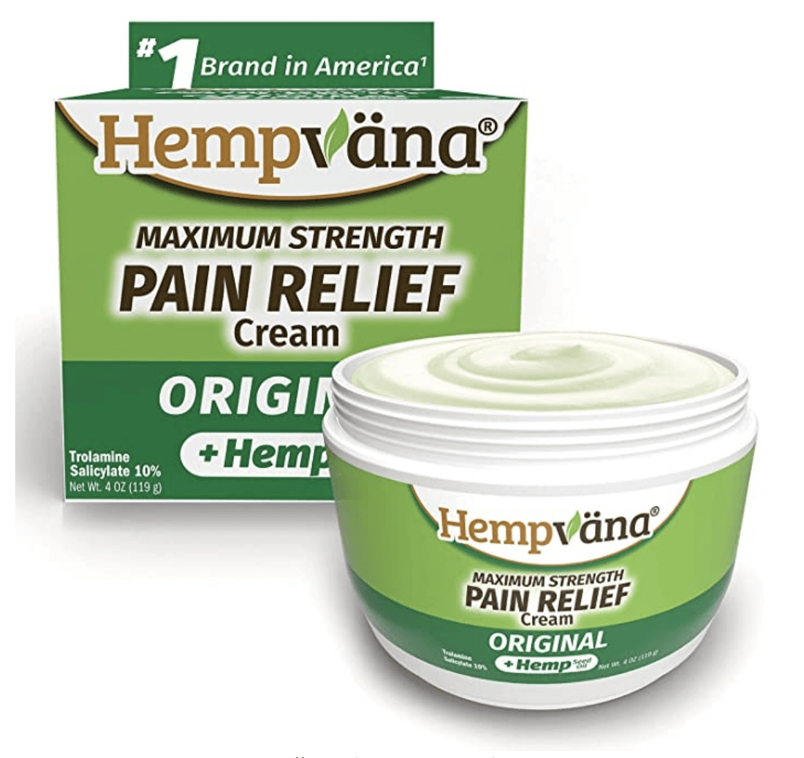 Green and white jar with open lid of Hempvana Pain Cream; box in the background. Isolated on a white background.