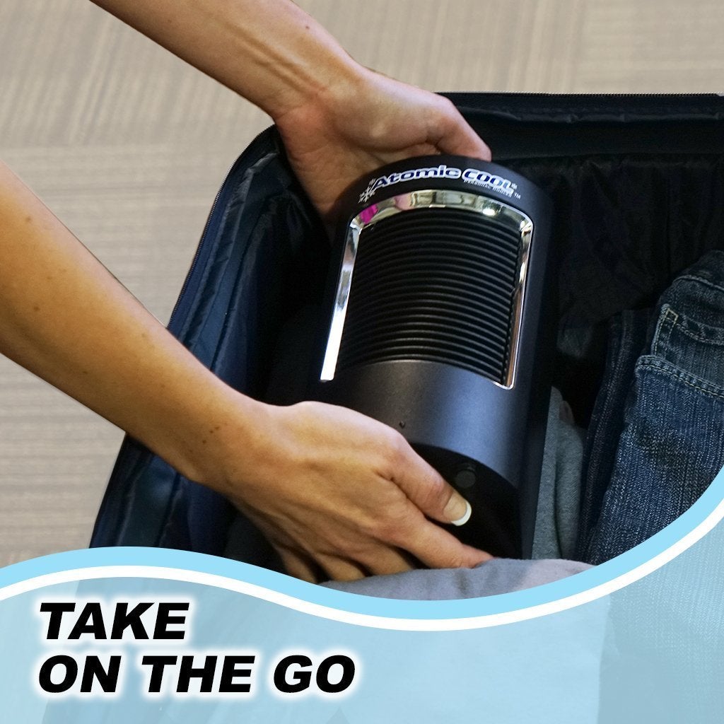 Atomic Cool Portable Personal Cooling System in a luggage take on the go image from BulbHead