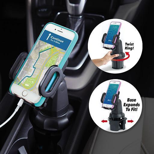 Smart phone in a Cup Call that is in a cup holder inside a car. Two smaller images of a smart phone in Cup Calls demonstrating the features. Text says Twist Ring, Base Expands To Fit
