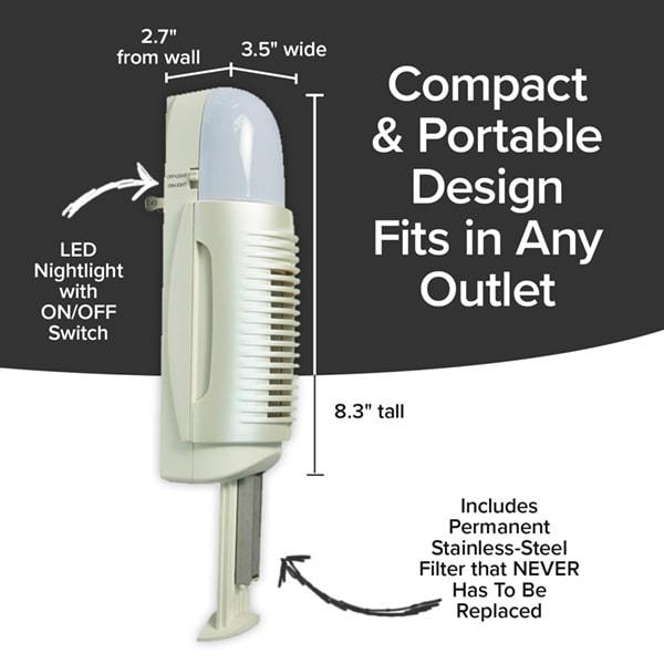 Infographic showing Air Police parts. Points out LED Nightlight with ON/OFF switch and stainless steel filter. Measures 8.3" tall, 3.5" wide, and 2.7" from the wall