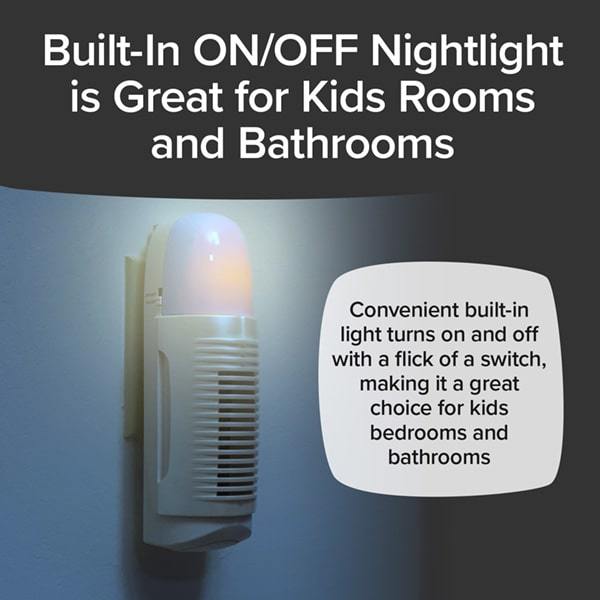 Air Police plugged into an outlet on a blue wall. Nightlight feature is on, lighting up the space. Headline says Built-In ON/OFF Nightlight is Great for Kids Rooms and Bathrooms