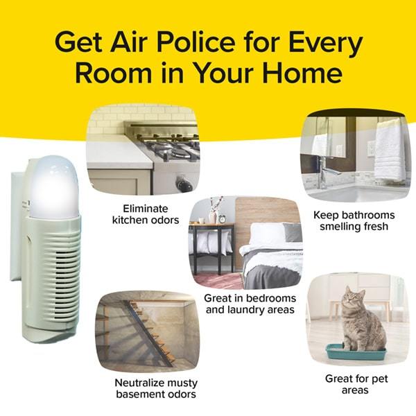 Generic stock images show kitchen, bendroom, bathroom, basement, and a kitten sitting in a litter pan - Air Police to the left. Headline says Get Air Police for Every Room in Your Home