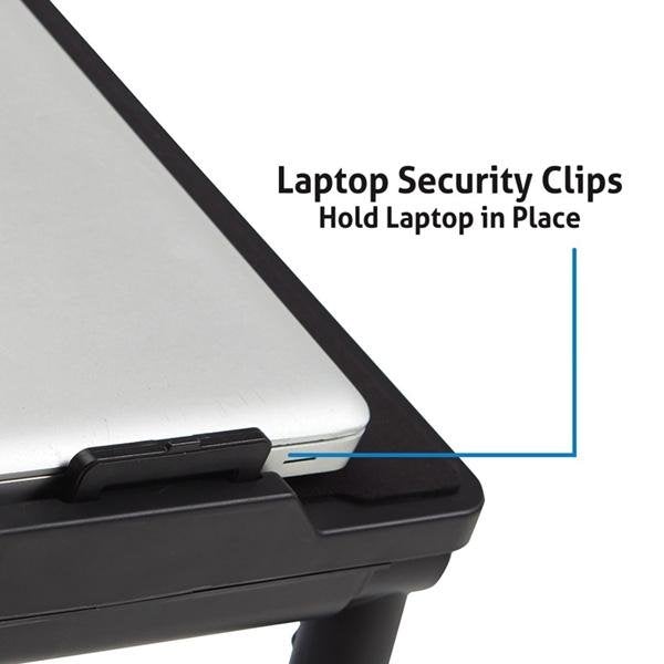 Close-up of laptop secured with laptop clip. Headline says Laptop Security Clip Holds Laptop In Place