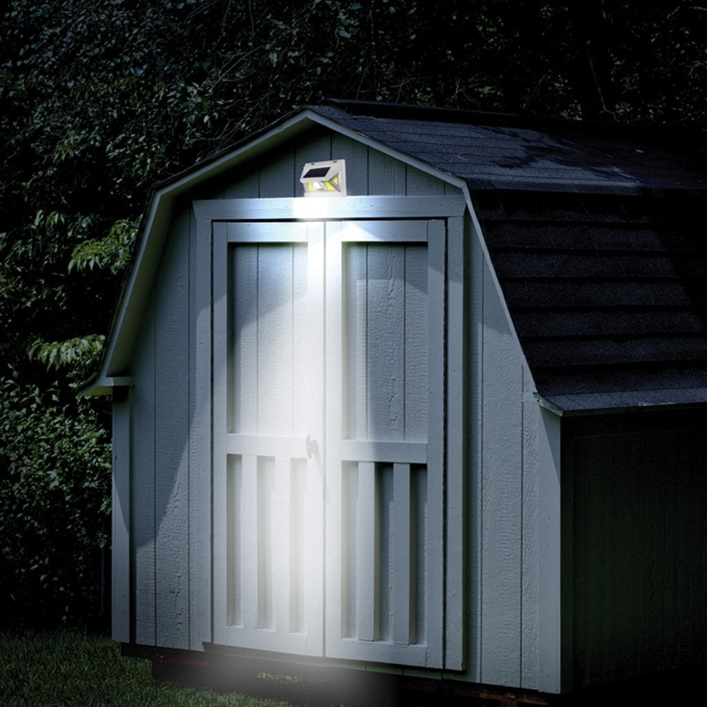 Atomic Beam SunBlast Motion Sensor Light on top of a shed with the light on