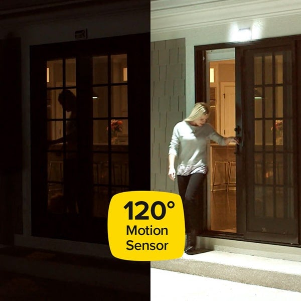 image of woman inside of her house by the door ready to walk out and it is dark outside. on the right image of woman stepping out of her house with atomic sunblast shining as she shuts the door. Yellow text box sits on top of both images on the bottom with black letters reading 120° motion sensor