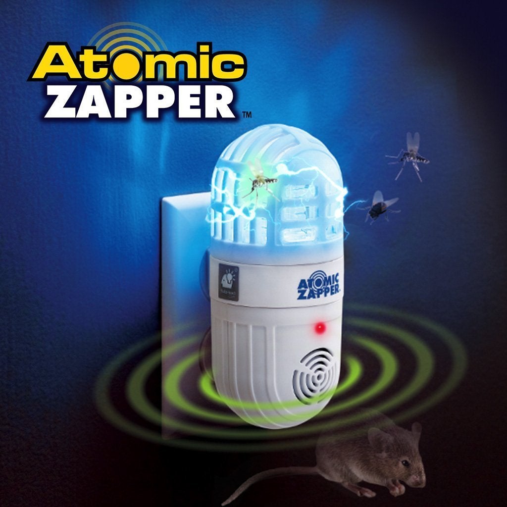 Atomic Zapper plugged into outlet with light on and insects are flying around it. Text says Atomic Zapper