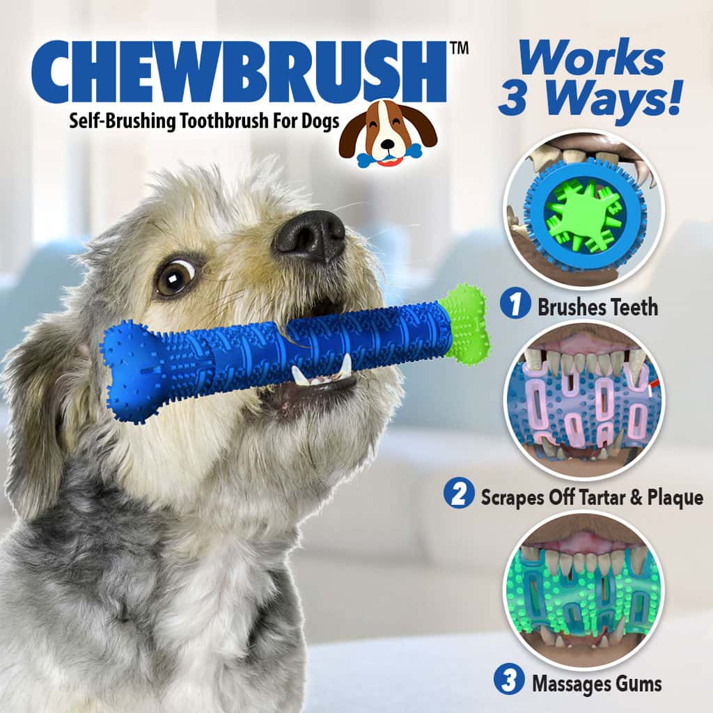 Product name in top left corner, a small dog holding a Chewbrush in its mouth, 3 small pictures in circles showing up close photos of a dog's mouth while chewing Chewbrush, includes text "Works 3 Ways!", Brushes Teeth", "Scrapes Off Tartar & Plaque", and "Massages Gums" 