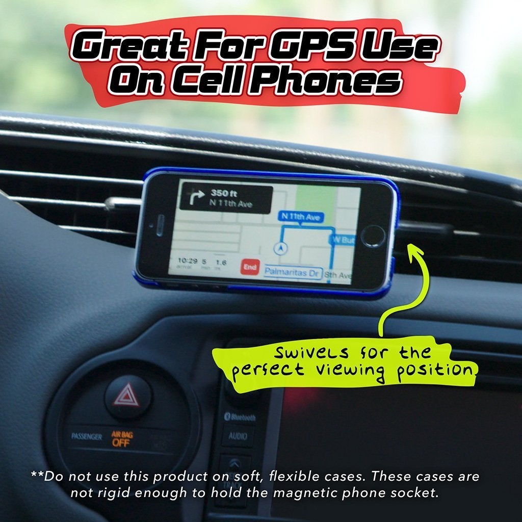 Cell phone attached to FastBall. Text says great for GPS use on cell phones, swivels for the perfect viewing position