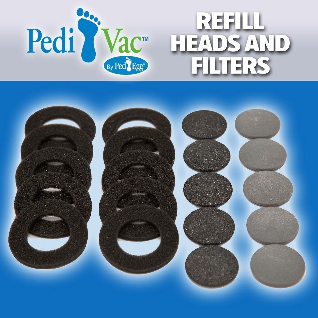 PediVac Refill Heads And Filters. Headlines say PediVac By PedEgg Refill Heads And Filters on blue background. 