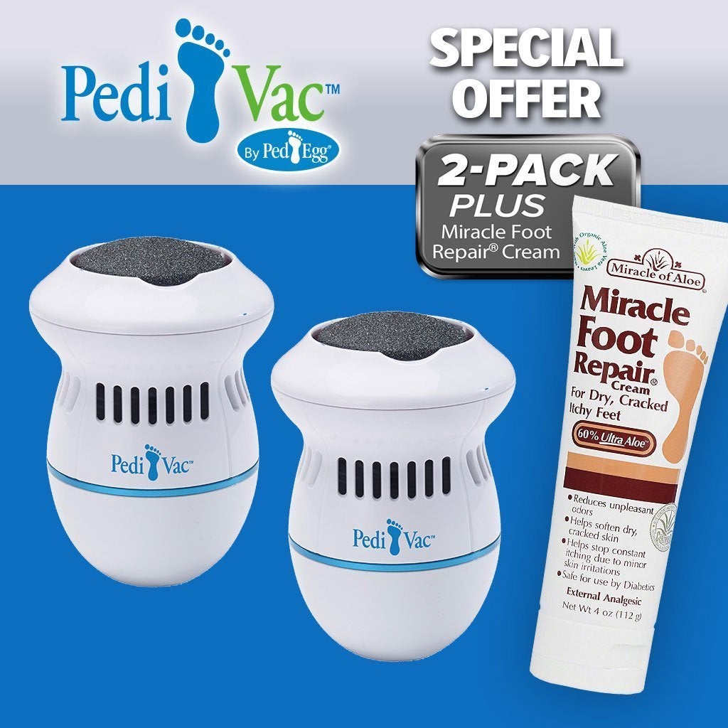 Two PediVacs, Miracle Foot Repair Cream. Headlines say PediVac by PedEgg, Special Offer, Two Pack Plus Miracle Foot Repair Cream
