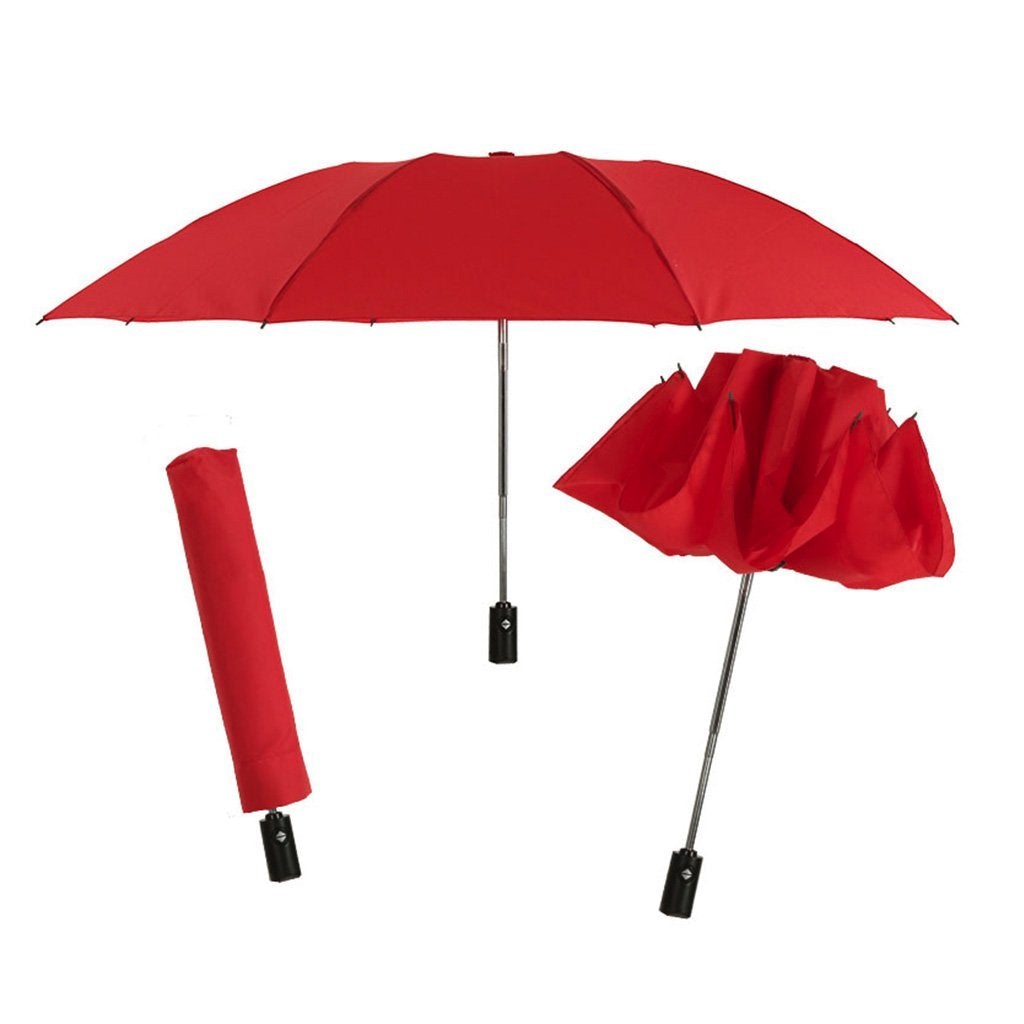 Red Backward Brella in different positions, fully open, closed, and flipped backward
