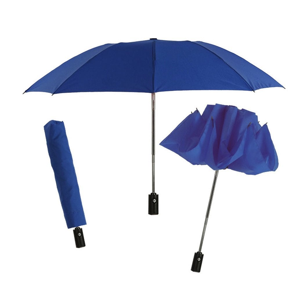 Blue Backward Brella in different positions, fully open, closed, and flipped backward
