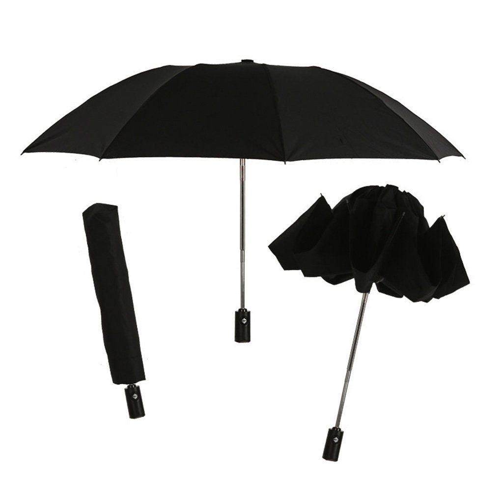 Black Backward Brella in different positions, fully open, closed, and flipped backward