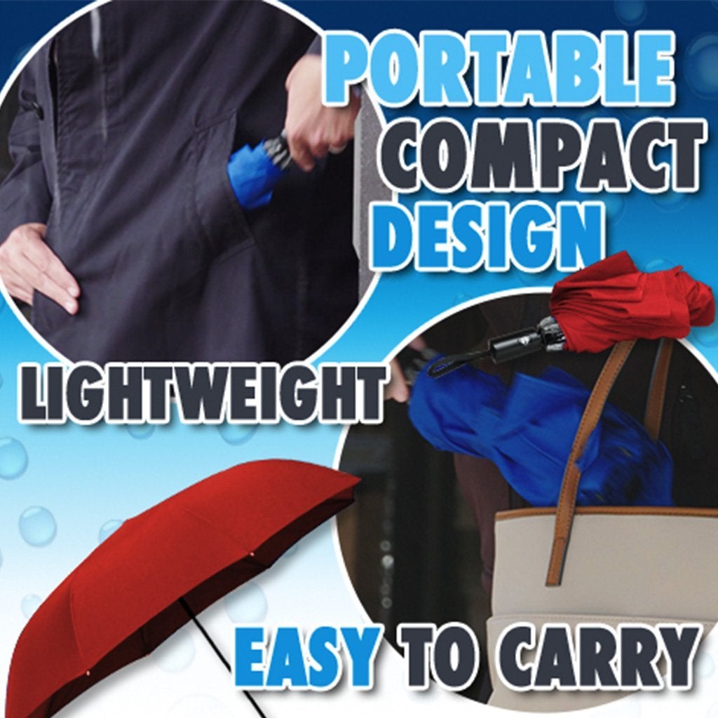 Man putting Backward Brella into pocket. Woman pulling Backward Brella out of purse. Headlines say Portable Compact Design, Lightweight, Easy To Carry