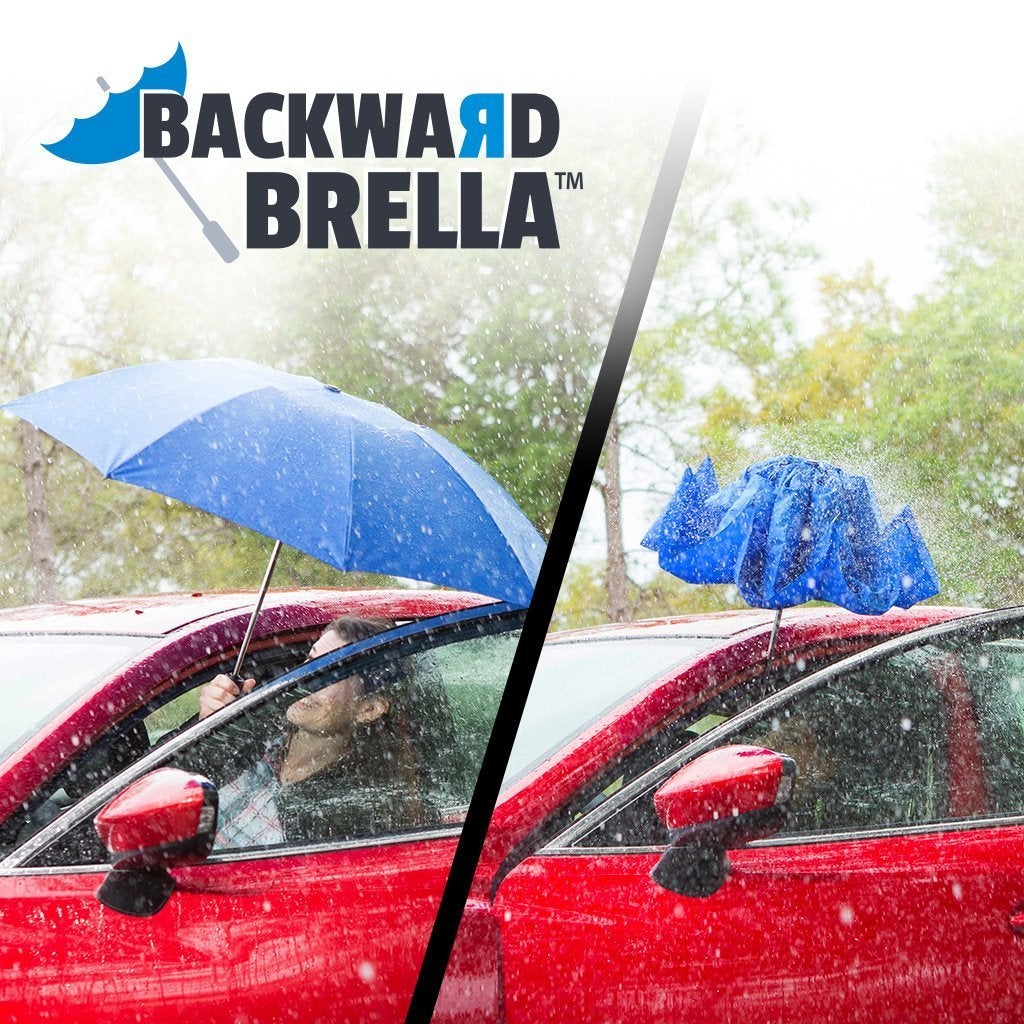 Demonstration of Backward Brella in rain. Woman getting into car in rain holding Backward Brella to cover her head.