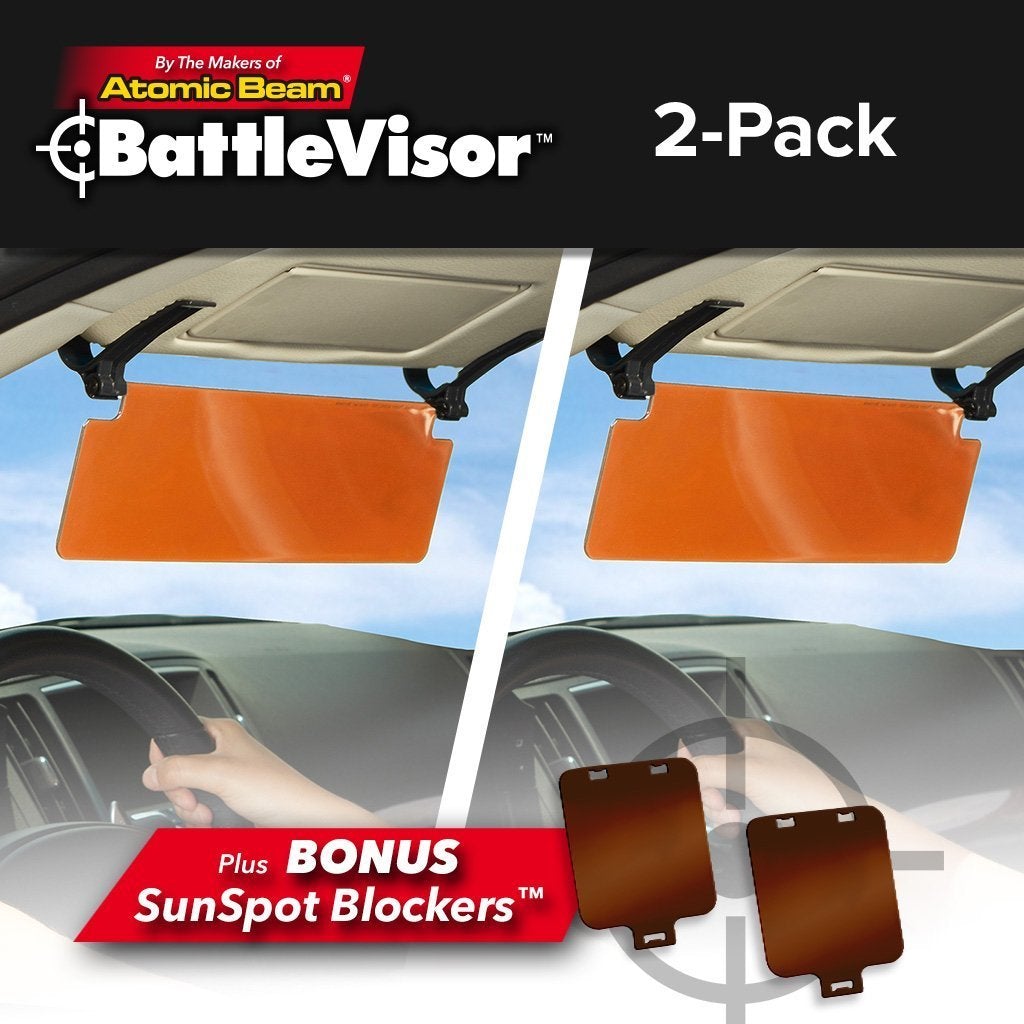 Two images of BattleVisor clipped onto visor in car. Text says by the makers of Atomic Beam Battle Visor, 2 pack, plus bonus SunSpot blockers
