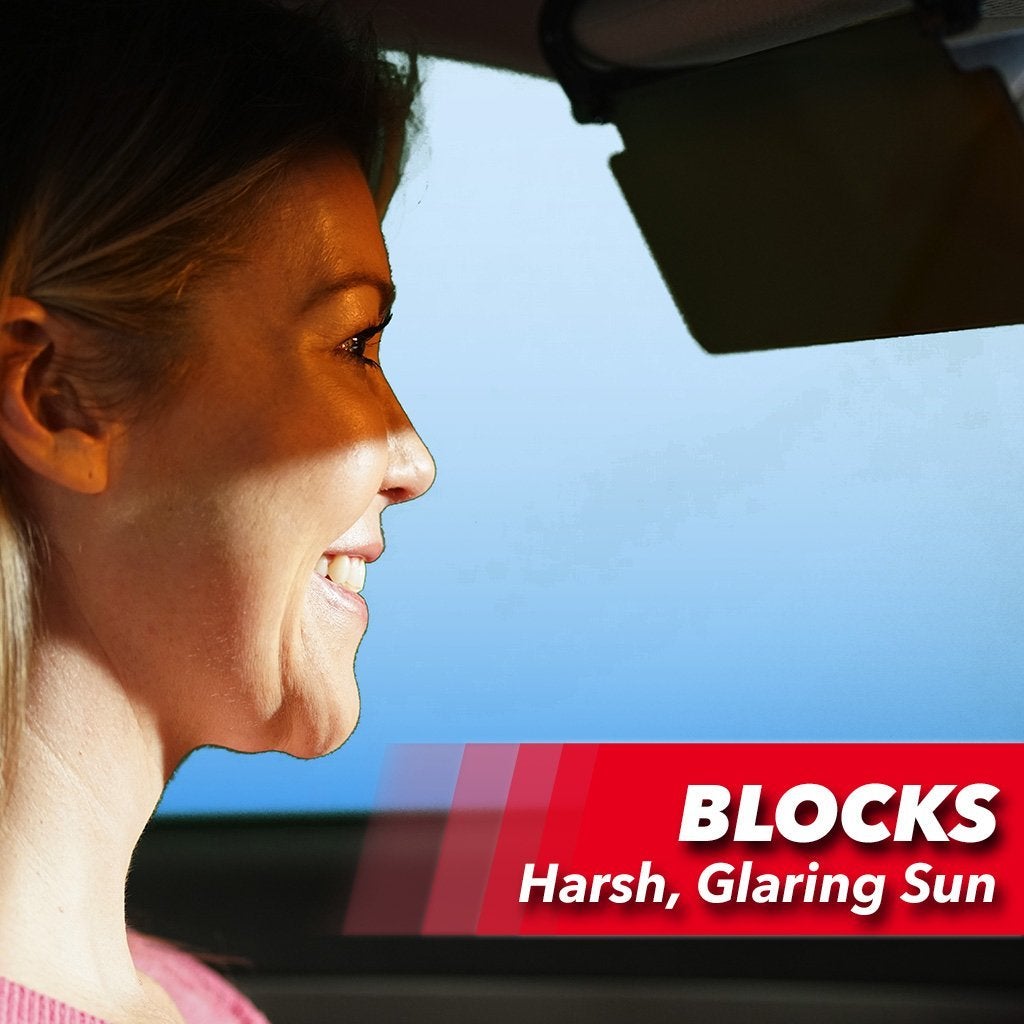Woman in car using BattleVisor,. Text says blocks harsh, glaring sun