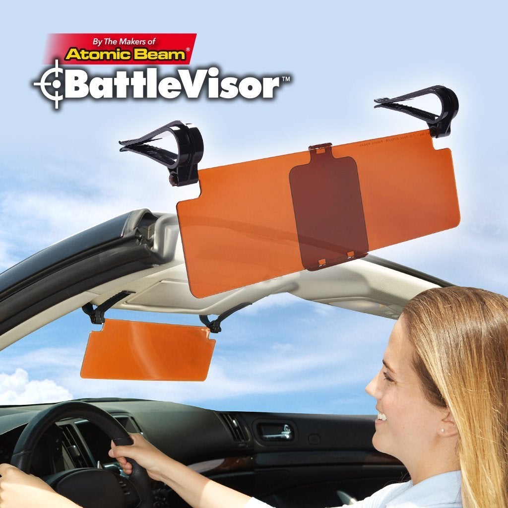 Lady driving in a car using battlevisor and silo of second battlevisor
