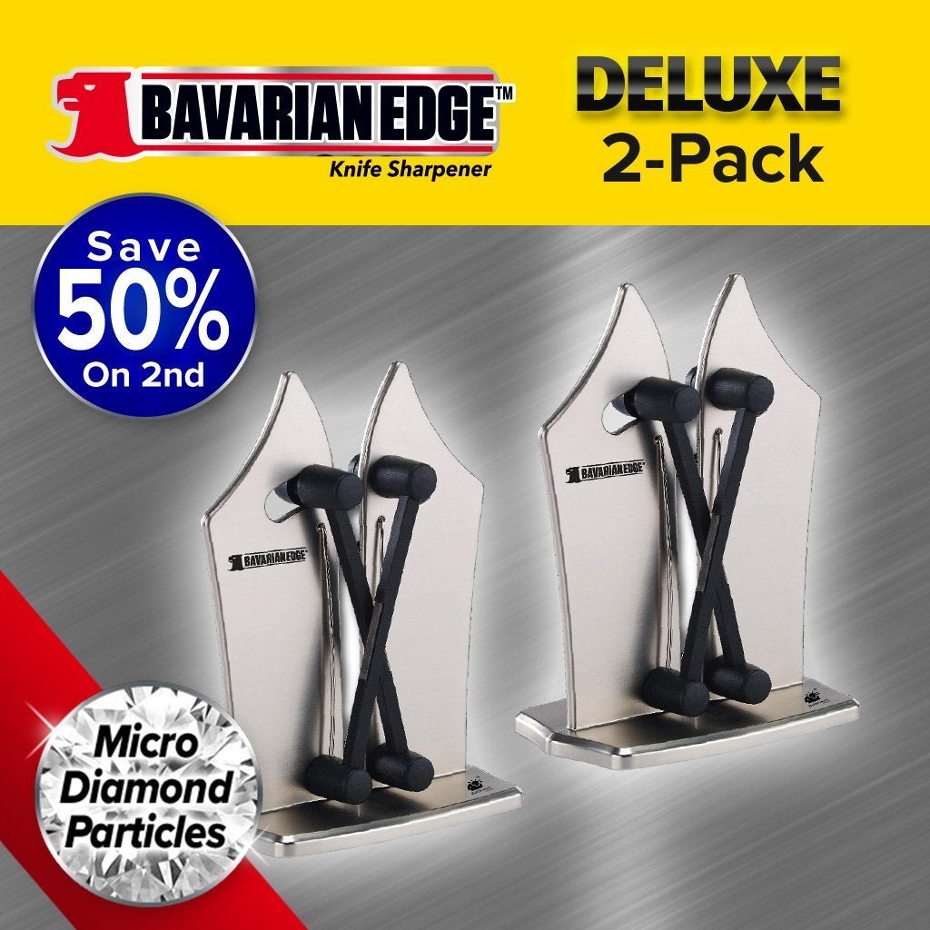 2 Deluxe Bavarian Edge Knife Sharpeners. Text says "Deluxe 2 Pack, Save 50% on 2nd, Micro Diamond Particles"