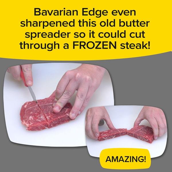 Man cuts through frozen steak with butter spreader after it's been sharpened with Bavarian Edge