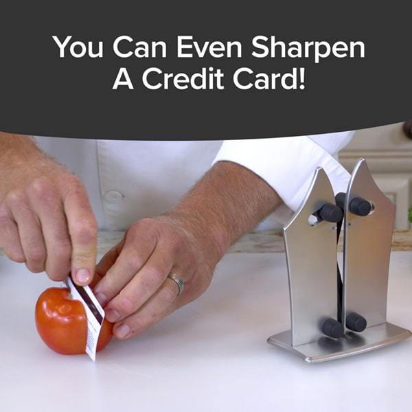 Man cutting a tomato with a credit card, text says you can even sharpen a credit card