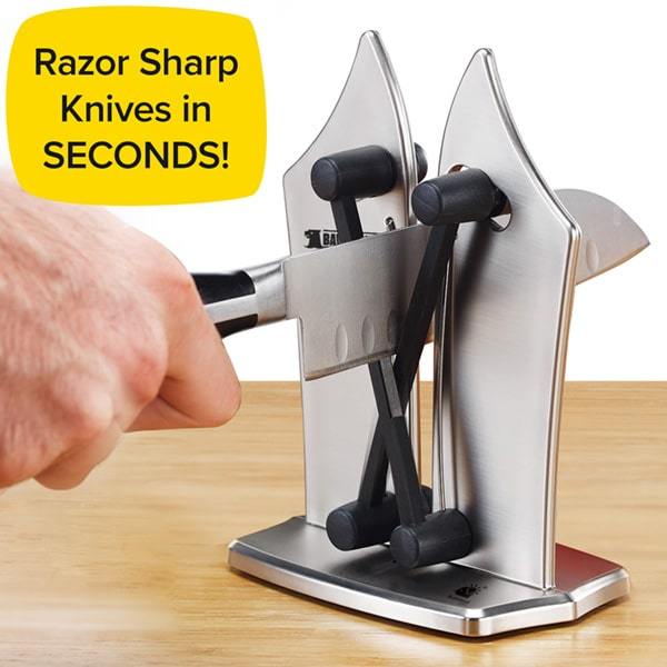 Demonstration of Bavarian Edge Knife Sharpener. Man's hand holding knife and putting it through a Bavarian Edge Knife Sharpener. Headlines say Razor Sharp Knives in Seconds.