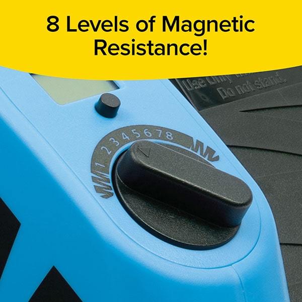 Close up of resistance knob on Blu Tiger. Text says "8 Levels of Magnetic Resistance!"