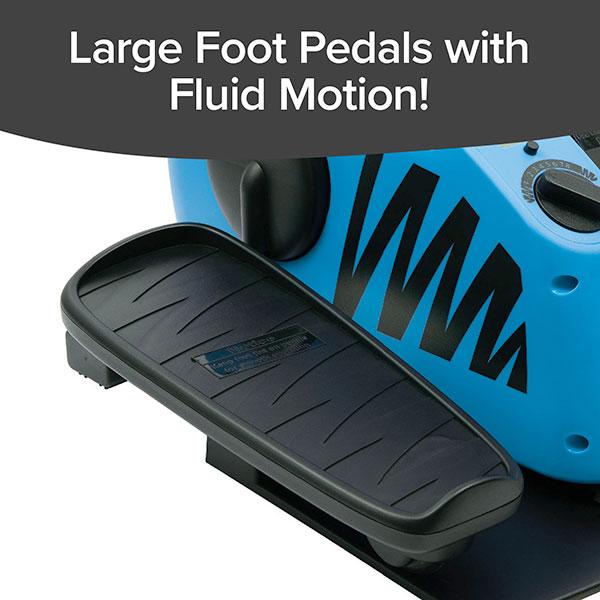 Close up of foot pedal on Blu Tiger. Text says "Large Foot Pedals With Fluid Motion!"