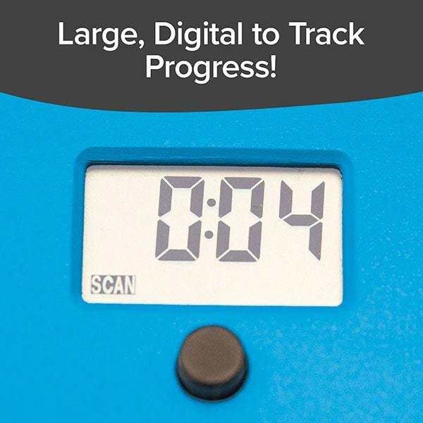 Close up of digital display screen on a Blu Tiger. Text says "Large, Digital to Track Progress!"