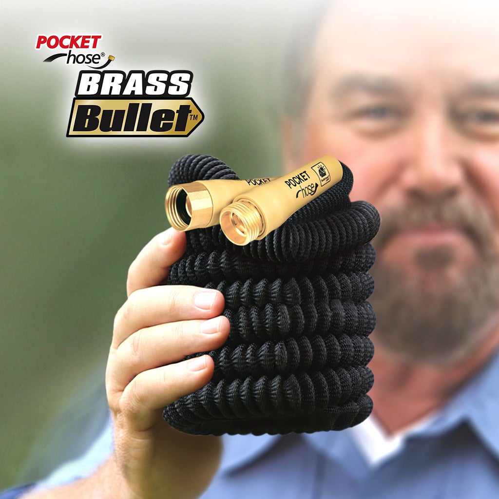 Pocket Hose Brass Bullet Richard Karn holding brass bullet hose