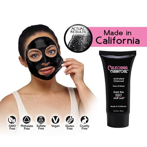 Woman peeling charcoal face mask off of face, California Charcoal bottle. Headlines say Made in California, GMO Free, Phthalate Free, Sulfate Free, Vegan, Gluten Free, Cruelty Free