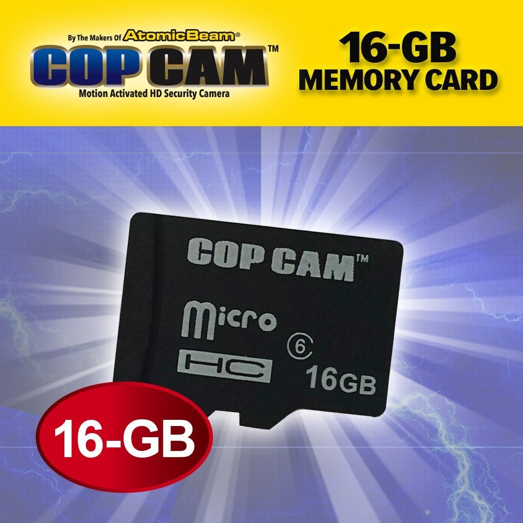 Cop Cam 16GB Memory Card. Headlines say By the makers of Atomic Beam Cop Cam Motion Activated HD Security Camera, 16 GB Memory Card