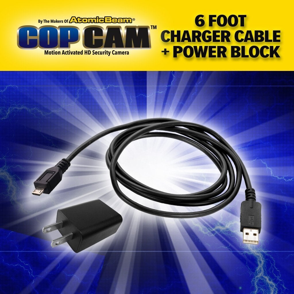 Cop Cam Power Adapter. Headlines say By the Makers of Atomic Beam Cop Cam Motion Activated HD Security Camera, 6 Foot Charger Cable and Power Block