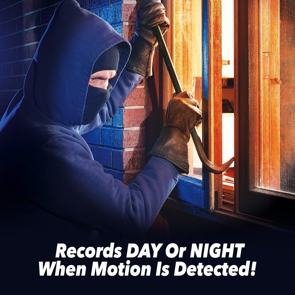 Burgular attempting to break into a home. Headline says Record Day or Night When Motion Is Detected