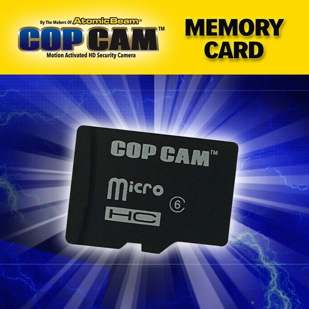 Cop Cam 16GB Memory Card. Headlines say By the makers of Atomic Beam Cop Cam Motion Activated HD Security Camera, Memory Card
