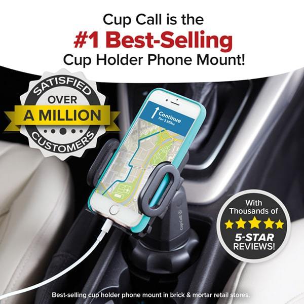 Smart phone in a Cup Call that is in a cup holder inside a car. Badge over the image with text reading satisfied over a million customers. Theres a small circle on the bottom right of the image with 5 yellow stars inside and text reading with thousands of 5-star reviews! on top on the image is a curved white banner reading cup call is the #1 best selling cup holder phone mount.