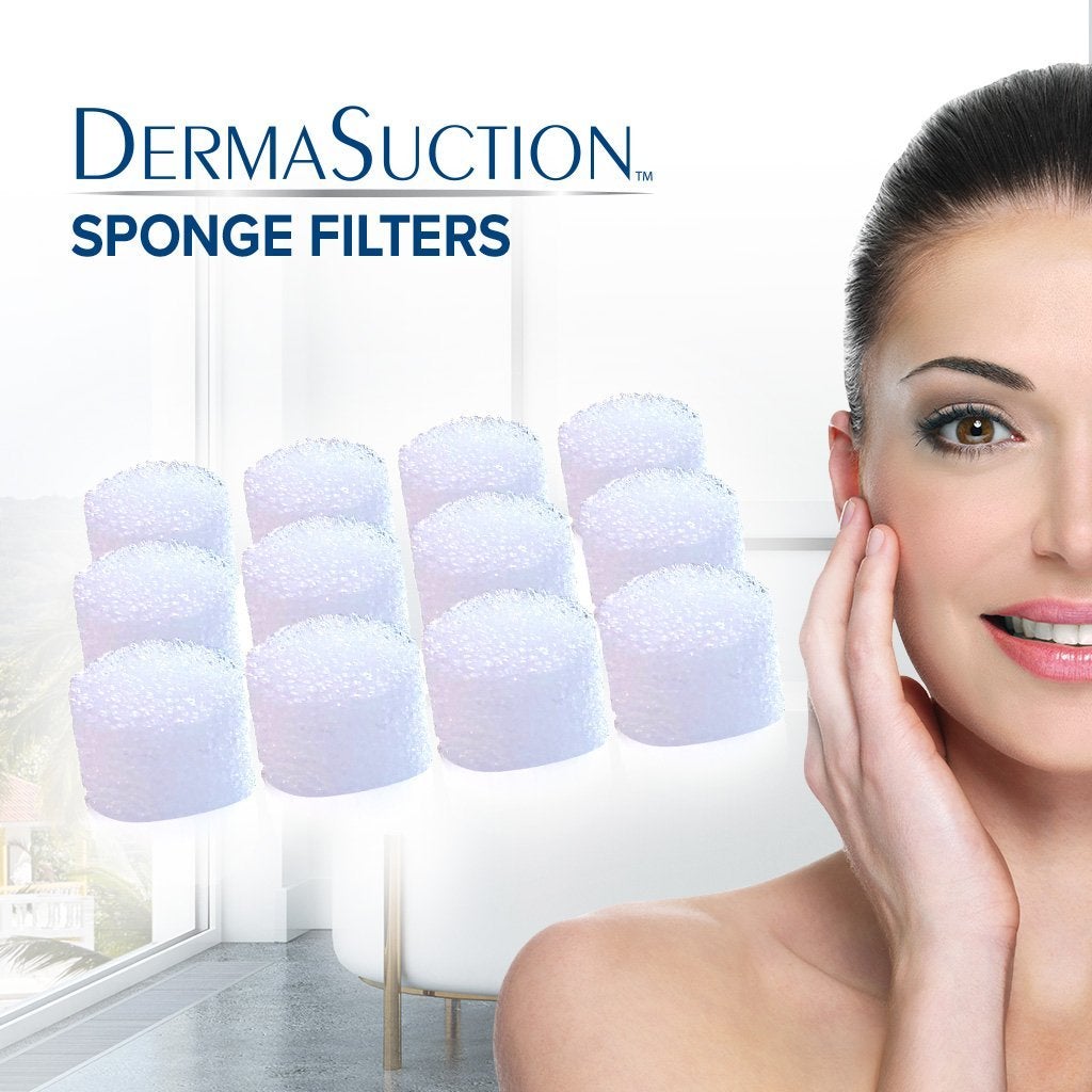 DermaSuction Replacement Sponge Filters. Half of woman's face. Headline says DermaSuction Sponge Filters