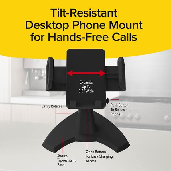Infographic showing Desk Call and its features. Headlines say Tilt Resistant Desktop Phone Mount For Hands Free Calls, Expands Up To Three And a Half Inches Wide, Easily Rotates, Push Button To Release Phone, Sturdy Tip Resistant Base, Open Bottom For Easy Charging Access