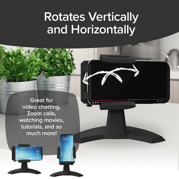 Desk Call rotated sideways with smart phone in it. Headlines say Rotates Vertically And Horizontally, Great for video chatting, Zoom calls, watching movies, tutorials, and so much more