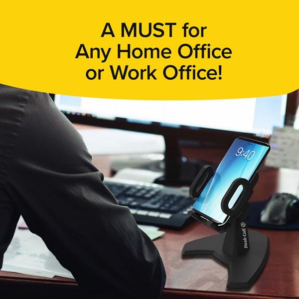 Desk Call on a desk with a smartphone in it. Headline says A Must For Any Home Office or Work Office