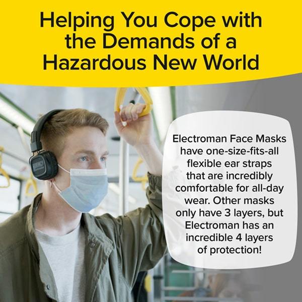 Man wearing an Electroman Face Mask on a train car. Headlines say helping you cope with the demands of a hazardous new world, electroman face masks have a one size fits all flexible ear straps that are incredibly comfortable for all day wear, other masks only have three layers but electroman has an incredible four layers of protection