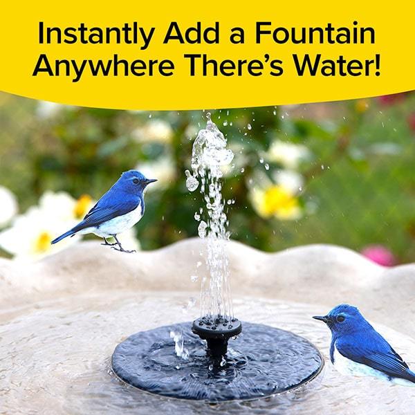 2 blue birds in at a water fountain. Text says "Instantly Add a Fountain Anywhere There's Water!"