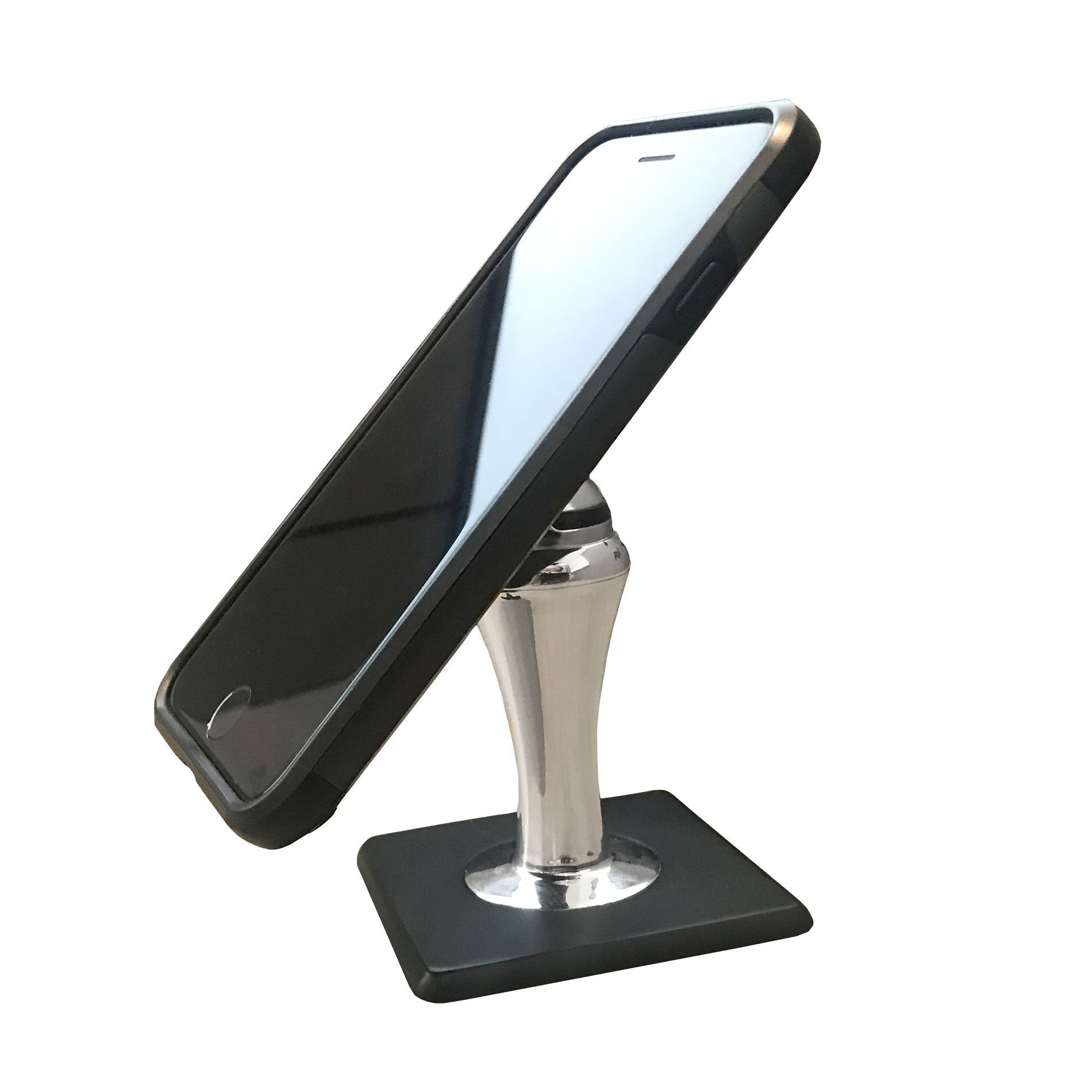 FastBall Magnetic Desk Mount with a smart phone in it isolated on a white background