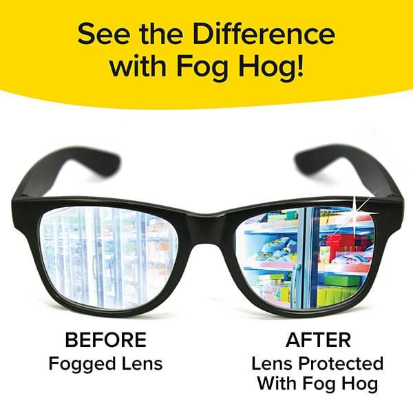 Before and after image of glasses after using Fog Hog. Text says "see the Difference with Fog Hog. Before Fogged Lens, After Lens Protected With Fog Hog"