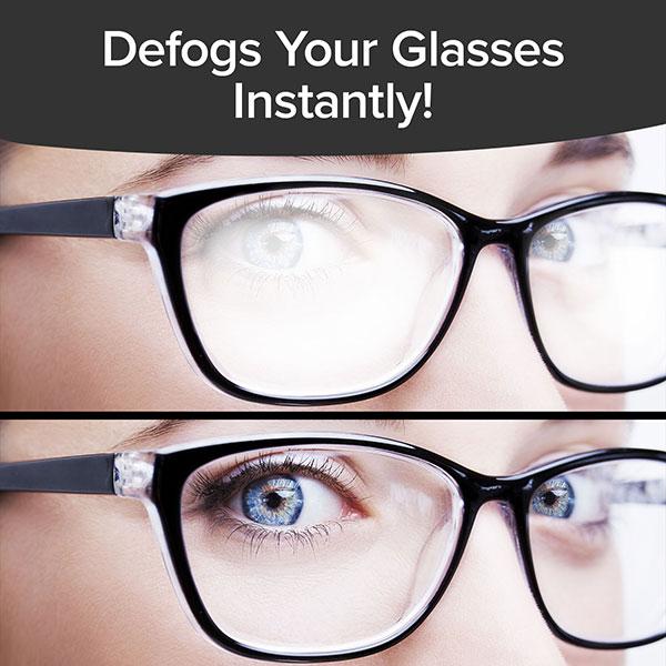 Before and after image of glasses after using Fog Hog. Text says "Defogs Your Glasses Instantly"