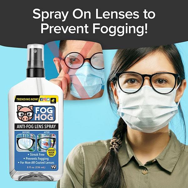 Woman wearing glasses and face masks, bottle of Fog Hog, close up of man wearing face mask and glasses and they are fogged. Text says "Spray on Lenses to Prevent Fogging!"