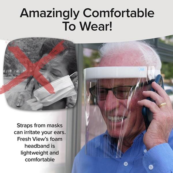 Man wearing Fresh View Face Shield and using phone, woman attempting to take off regular face mask. Headlines say Amazingly Comfortable To Wear, Straps from masks can irritate your ears, Fresh View's foam headband is lightweight and comfortable