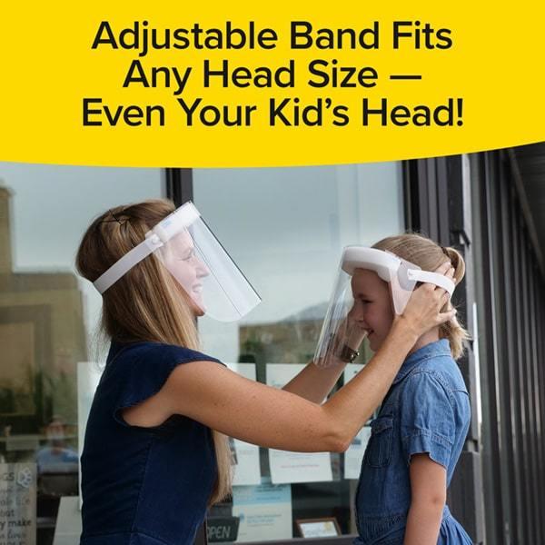 Woman wearing Fresh View Face Shield putting one onto her daughter. Headline says Adjustable Band Fits Any Head Size Even Your Kid's Head