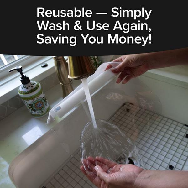 Woman washing Fresh View Face Shield in sink. Headline says Reusable, Simply Wash And Use Again, Saving You Money